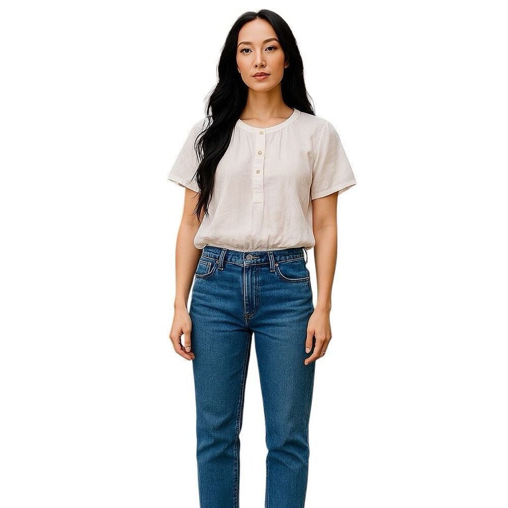 Pact White Half Button Short Sleeve Elastic Hem Organic Cotton Crop Top Small